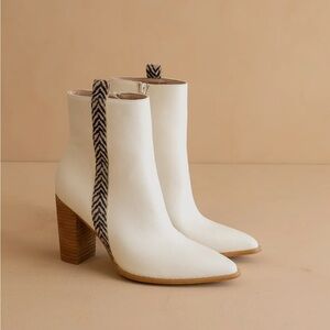 Ivory beige leopard print embroidered stitched heel bootie boot bohemian shoe